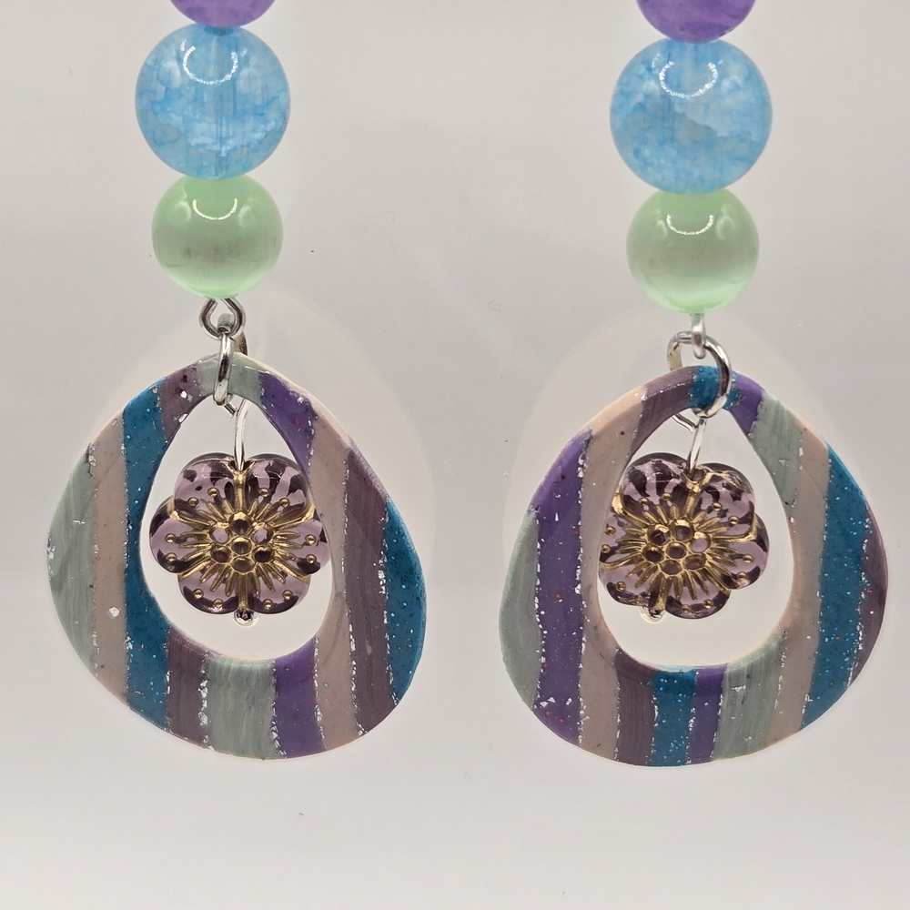 #B371-  Multicolor Beaded Earrings- Selenite Jasper And Jade Beads - Picture 4 of 4